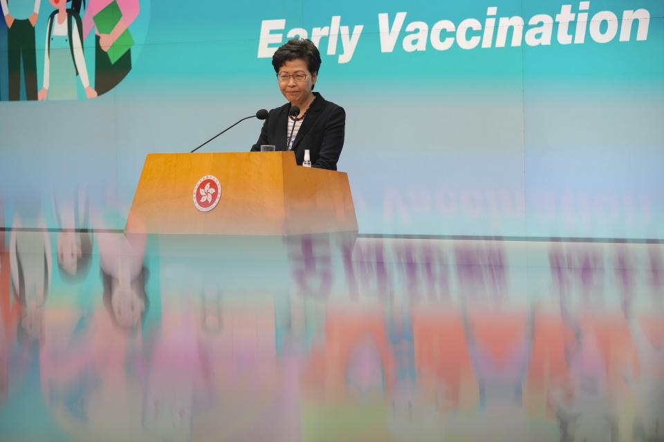 Hong Kong Chief Executive Carrie Lam speaks during her weekly press conference in Hong Kong, Tuesday, June 22, 2021. Lam said that foreign governments are “beautifying” acts that endanger national security in their criticisms of the police crackdown on pro-democracy newspaper Apple Daily, days after five were arrested and assets linked to the newspaper frozen. (AP Photo/Kin Cheung)