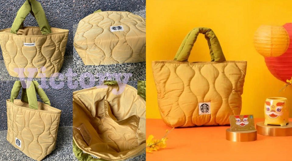 充滿能量的芥末黃色系星巴克則推出了提袋、馬克杯、隨行卡共三款品項，其中的鋪棉感絎縫提袋象徵活潑、繽紛多彩的一年，蓬鬆的外型非常時尚又可愛！