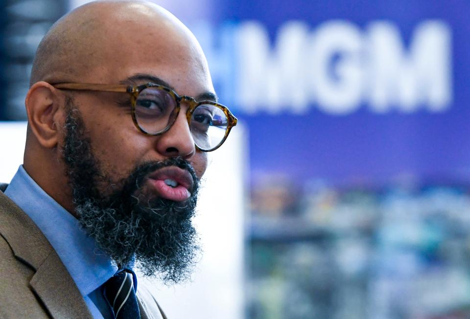 Aquan Robinson, of the Montgomery Area Chamber of Commerce speaks during the announcement of the upcoming Urban Nerd Con during a press conference in Montgomery, Ala., on Tuesday January 11, 2022.