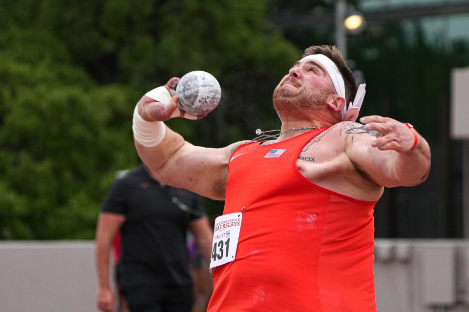 Former Texas All-American Tripp Piperi competes in the men's shot put Saturday at the Texas Relays. He's now listed as a professional athlete, not a Longhorn, and wore red. "Everybody who follows me knows I come here every year," he said. "Having now this be the first time that I'm not actually competing in burnt orange, it's going to be a little different, but I'm still going to do my thing."