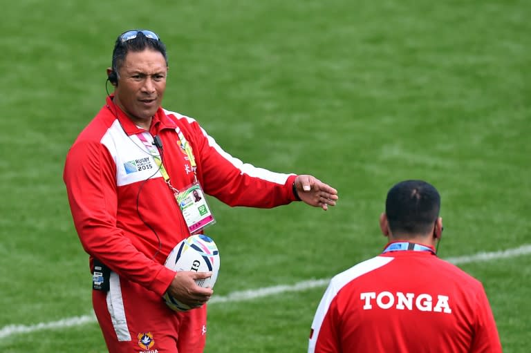 Tonga's head coach Mana 'Otai (L), seen during the captain's run at Saint James' Park stadium in Newcastle-upon-Tyne, on October 8, 2015, on the eve of their Rugby World Cup Pool C match against New Zealand