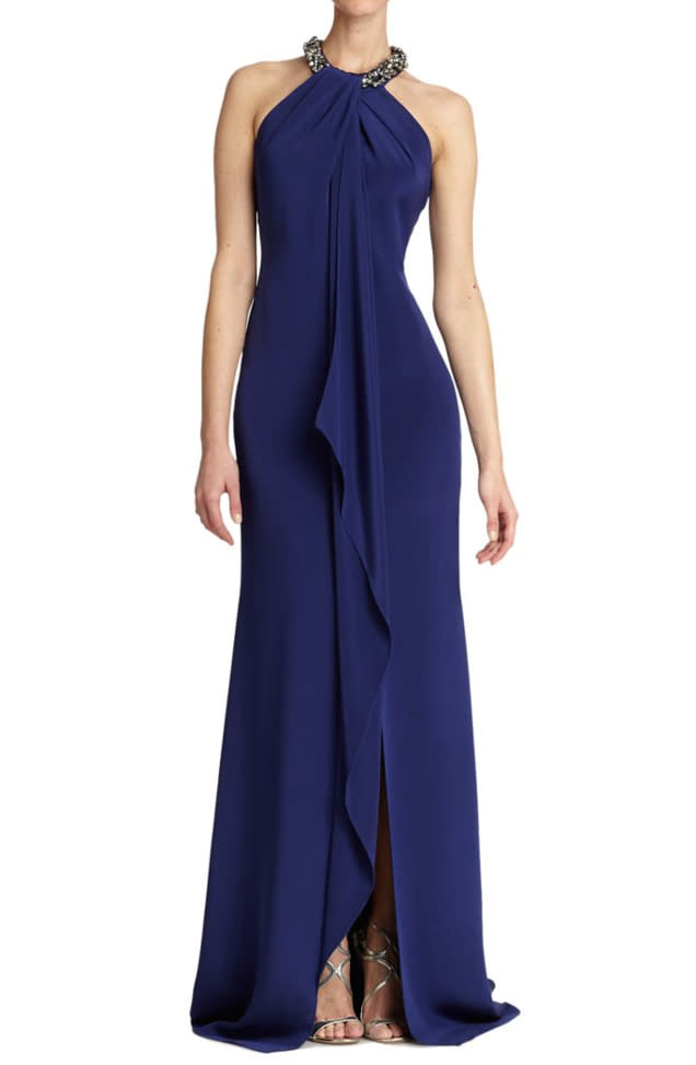 Carmen Marc Valvo's Sleeveless Silk Halter Gown