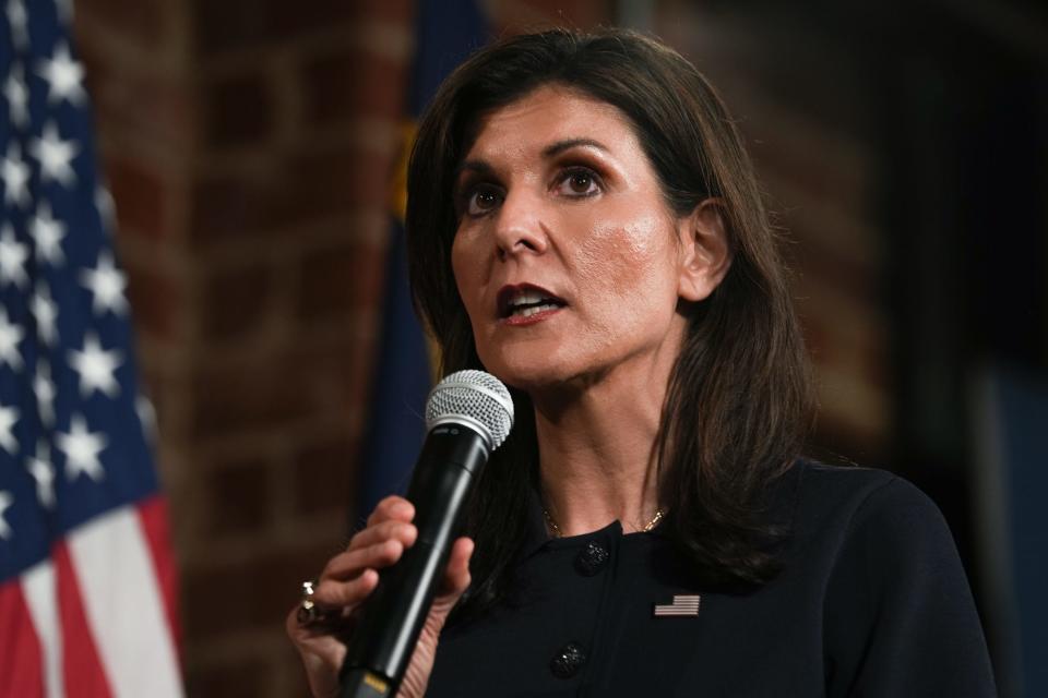 March 1, 2024; Charlotte, N.C., USA; Republican presidential candidate and former South Carolina governor Nikki Haley speaks to supporters in Charlotte, North Carolina Friday evening. Megan Smith-USA TODAY