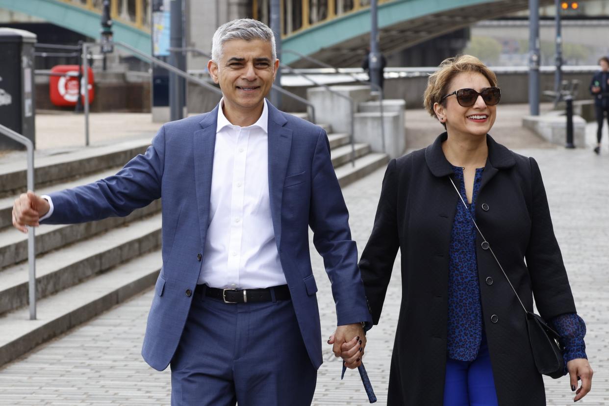 <p>Sadiq Khan and wife Saadiya in London on Monday morning</p> (Nigel Howard)