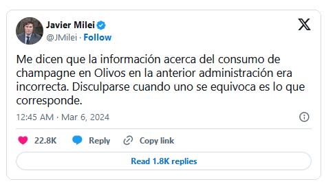 El pedio de disculpas de Javier Milei en redes sociales