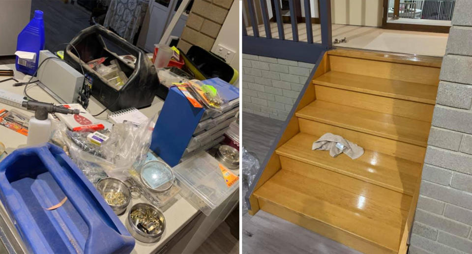 Photo shows kitchen bench covered in work tools and a set of stairs before being painted.