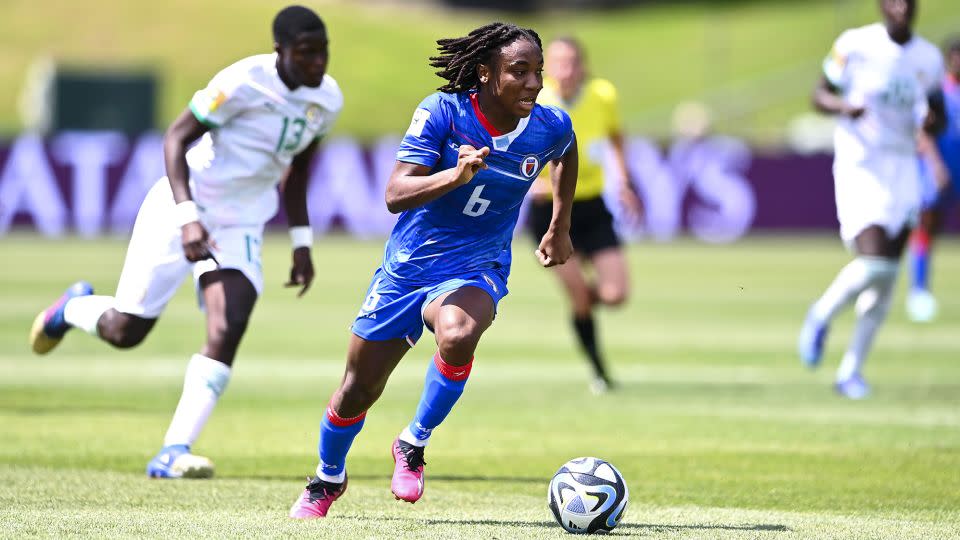 Melchie Dumornay attacks during the match between Haiti and Senegal in February. - Hannah Peters/FIFA/Getty Images