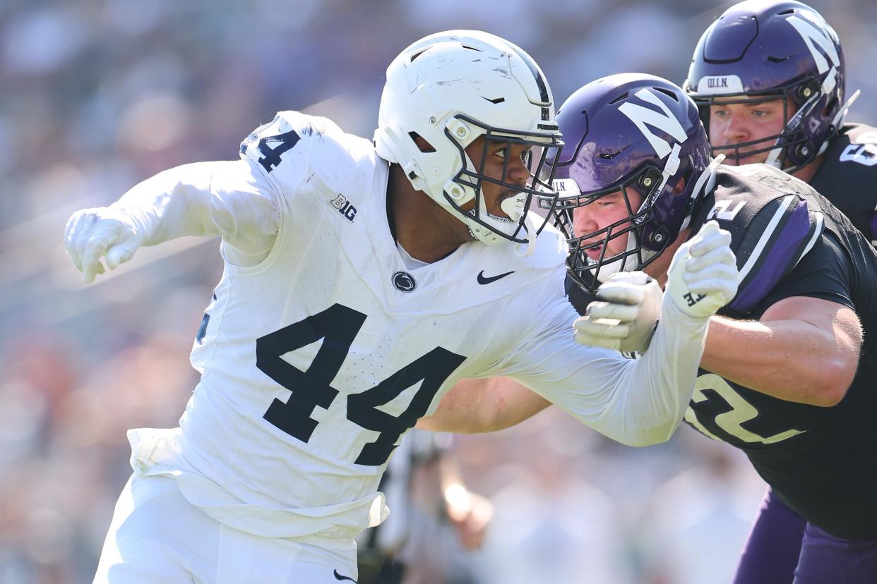 EVANSTON, ILLINOIS - SEPTEMBER 30: Chop Robinson #44 of the Penn State Nittany Lions rushes the quarterback against the Northwestern Wildcats during the second half at Ryan Field on September 30, 2023 in Evanston, Illinois. (Photo by Michael Reaves/Getty Images)