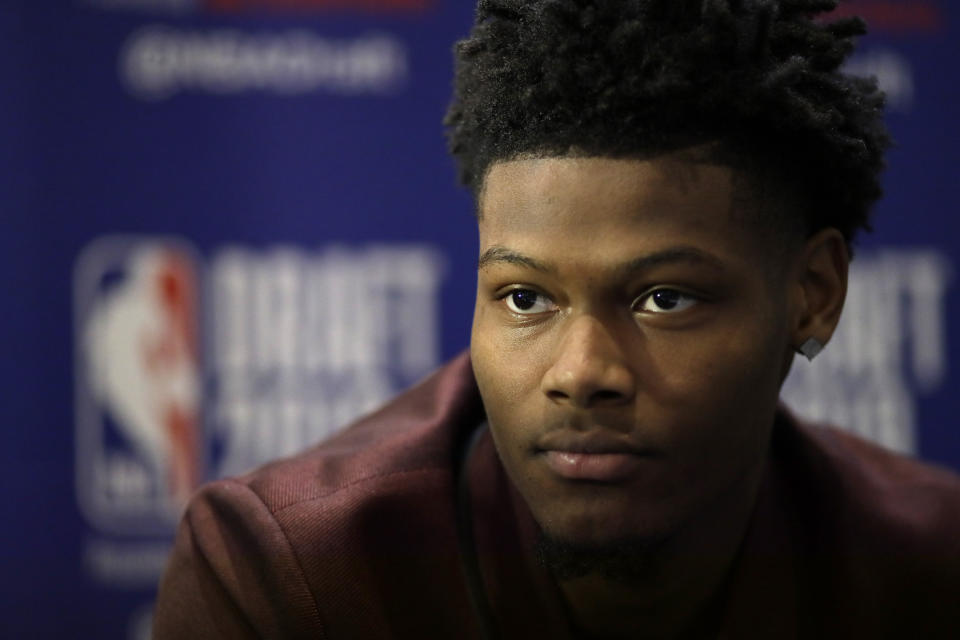 Cam Reddish, a freshman basketball player from Duke, attends the NBA Draft media availability, Wednesday, June 19, 2019, in New York. The draft will be held Thursday, June 20. (AP Photo/Mark Lennihan)