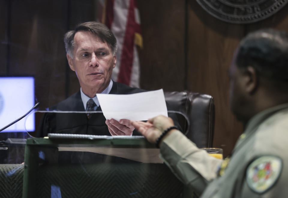 Judge Roy Morgan is presented evidence for the case of embattle judge Melissa Boyd in Memphis, Tenn., on Wednesday, Mar. 27, 2024. (Patrick Lantrip/Daily Memphian via AP)