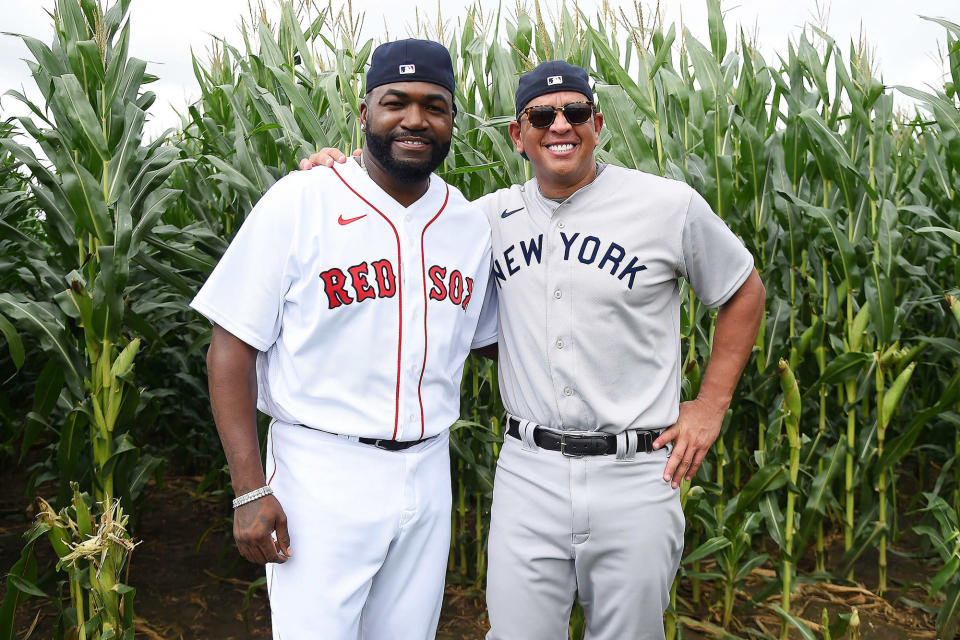 <p>Announcers David Ortiz and Alex Rodriguez sport Boston Red Sox and New York Yankees uniforms while at the 'MLB at Field of Dreams' youth game in Iowa on Aug. 11. </p>