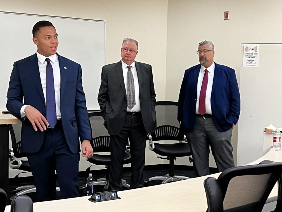 From left to right: Nick Haney, Lew Guyn and Ray Grim at the Public Safety Auditorium in Surprise on July 6, 2022. All three candidates are running for the Surprise City Council District 1 seat.