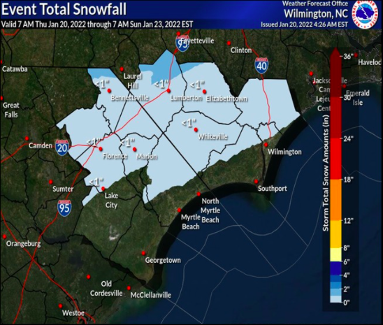 A graphic from the National Weather Service predicting snow accumulation in the Cape Fear region.