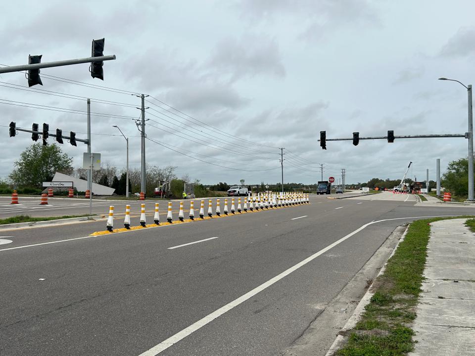 New traffic signals at Pipkin and Medulla roads in Southwest Lakeland. Traffic cones remain preventing left turns onto Pipkin Road from Medulla.