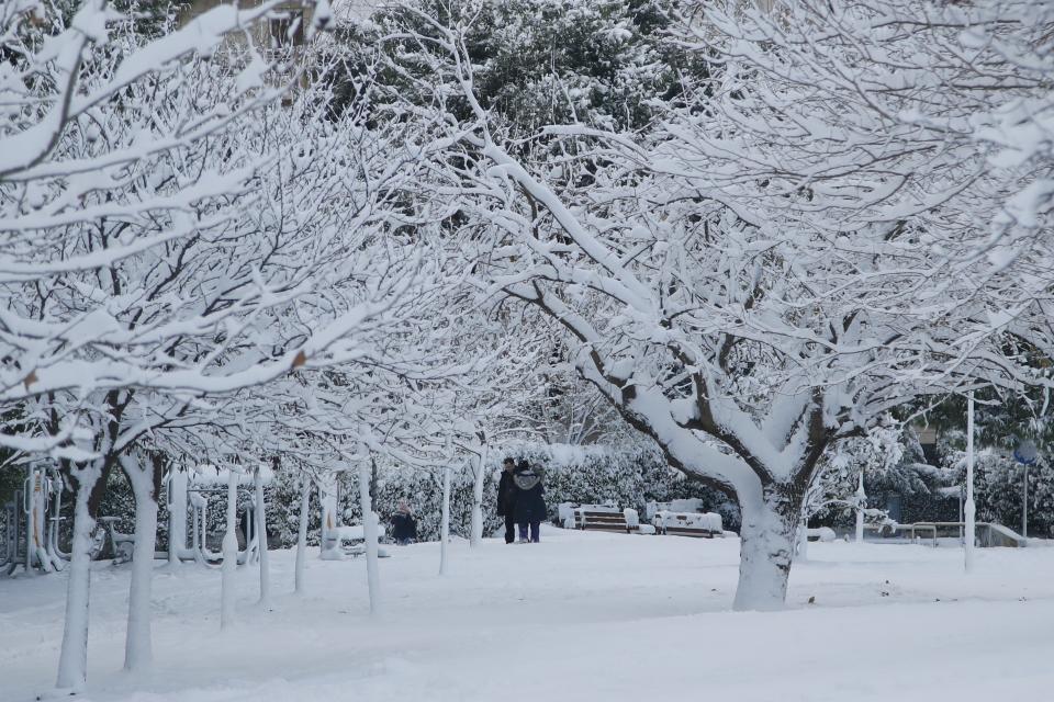 People enjoy the snow at a park in northern Athens, Tuesday, Jan. 8, 2019. Schools will remain closed across many parts of the country as a new cold weather front brings freezing temperatures and heavy snowfall. (AP Photo/Thanassis Stavrakis)