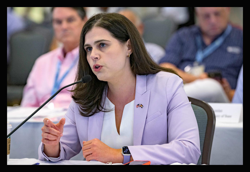 Colorado Secretary of State Jena Griswold talks about recent threats against her in Colorado during a committee meeting at the summer conference of the National Association of Secretaries of State in Baton Rouge, La., on July 8, 2022.<span class="copyright">Matthew Hinton—AP</span>