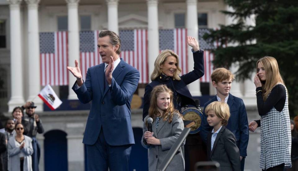 California Gov. Gavin Newsom celebrates the inauguration of his second term with First Partner Jennifer Siebel Newsom and their children Brooklynn, 9, Dutch, 6, Hunter, 11, and Montana, 13, in January.