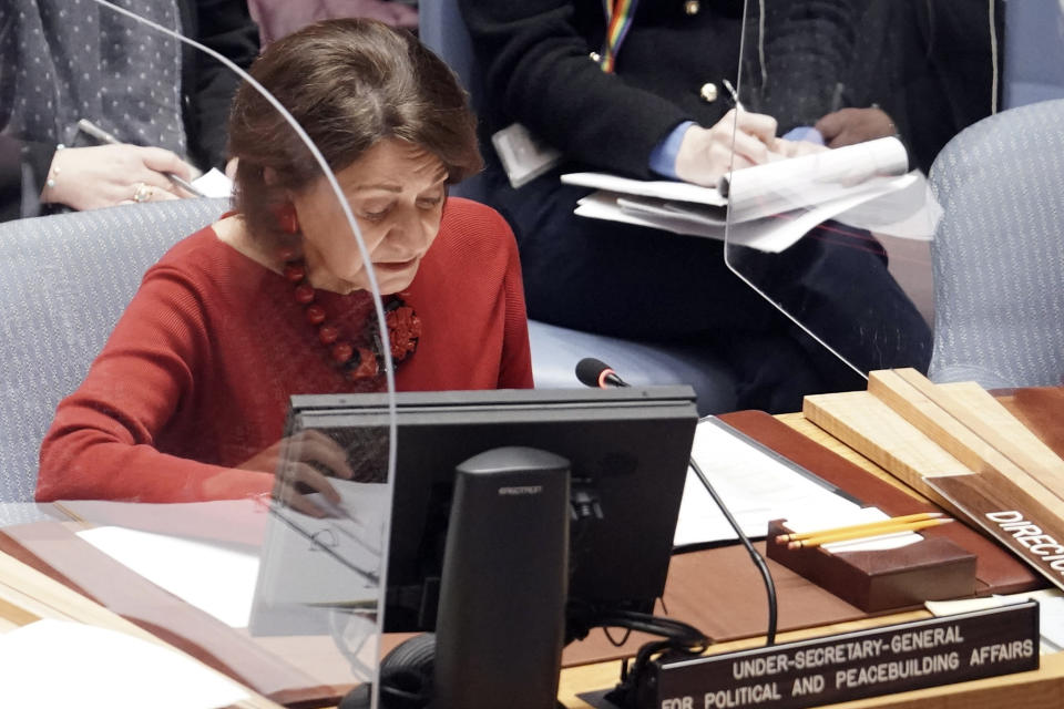 Rosemary DiCarlo, Under-Secretary-General for Political and Peacebuilding Affairs, briefs the United Nations Security Council concerning North Korea's test-firing of an intercontinental ballistic missile, Friday March 25, 2022 at U.N. headquarters. (AP Photo/Bebeto Matthews)