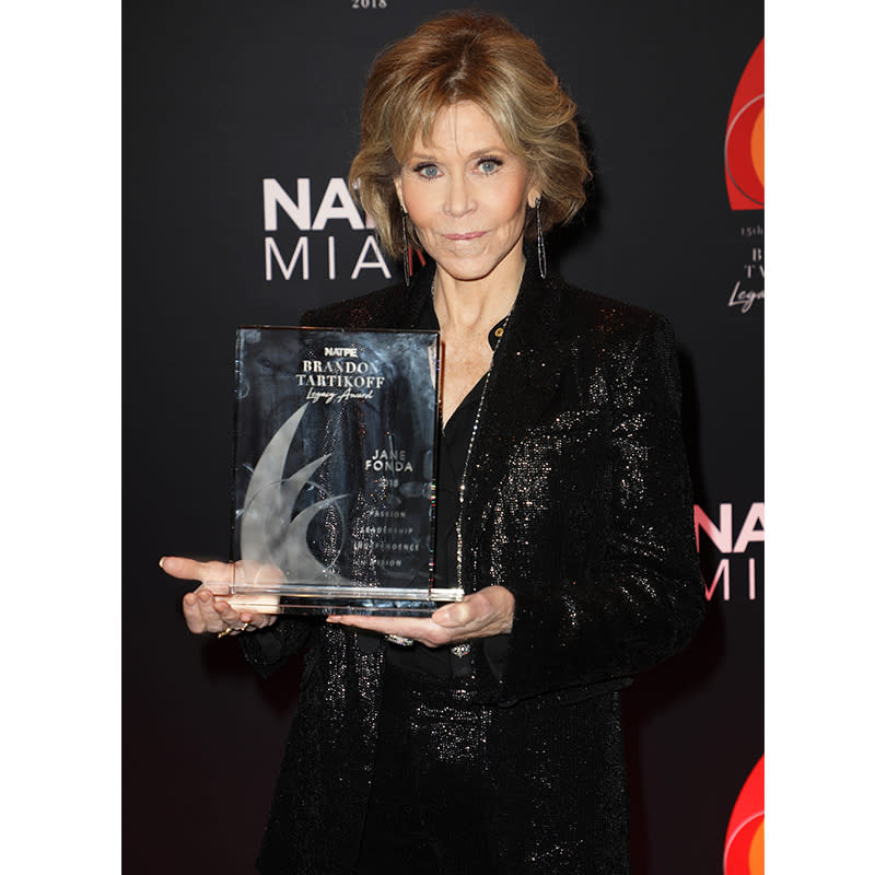 Jane Fonda In The Rixey Fluid Sequin Blazer And Maida Wide-Leg Fluid Sequin Pants