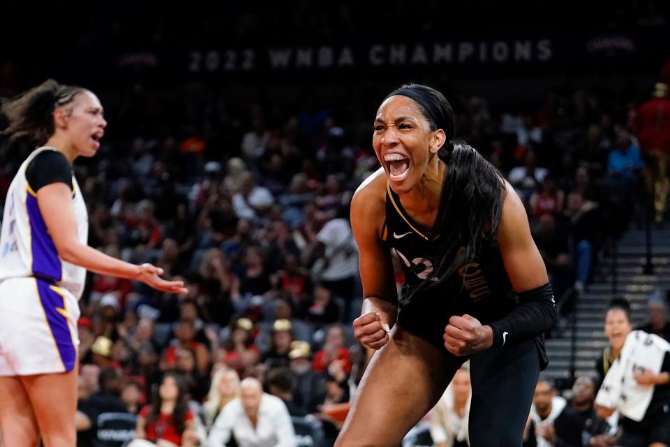 Las Vegas Aces forward A'ja Wilson (22) reacts during the second quarter against the Los Angeles Sparks at Michelob Ultra Arena in Las Vegas on May 27, 2023.