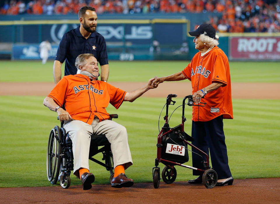 Former President George H.W. Bush and former First Lady Barbara Bush are introduced prior to throwing the ceremonial first pitch to kick off Game 3 of the American League Division Series between the Houston Astros and the Kansas City Royals at Minute Maid Park in Houston, TX on Oct. 11, 2015.