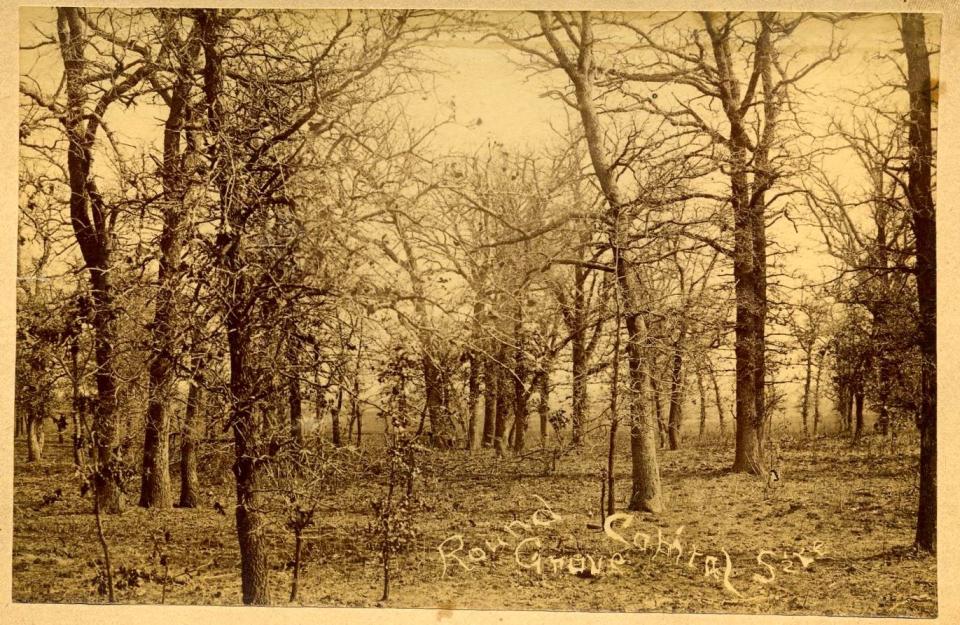 "Round Capitol Grove Site, Council Grove ... at the time of the 1889 Land Opening," is the caption on this photo by E.C. Hamill in the Oklahoma Historical Society archives.