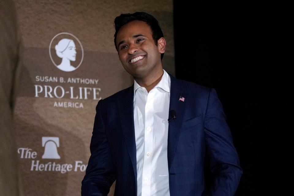 Republican presidential candidate businessman Vivek Ramaswamy arrives at the Family Leader's Thanksgiving Family Forum, Friday, Nov. 17, 2023, in Des Moines, Iowa. (AP Photo/Charlie Neibergall)