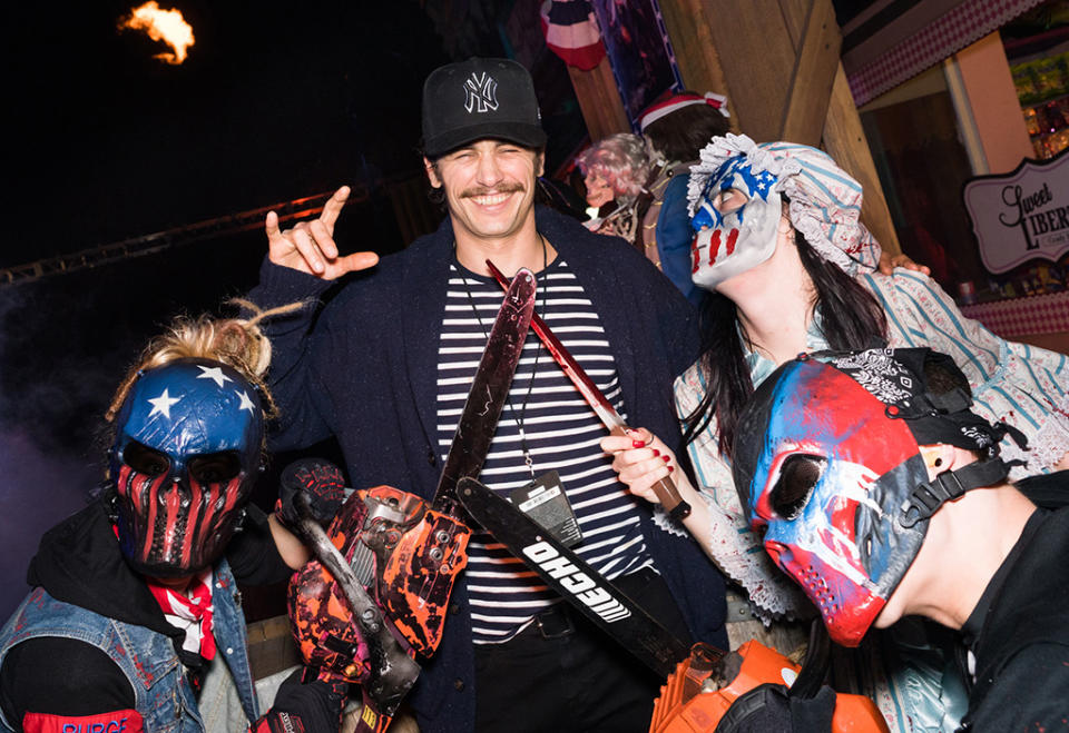 <p>James Franco is always up for anything, and looked like he was in his element while hanging with some peeps from the Purge scare zone (based on <i>The Purge: Election Year</i>) at Universal Studios’ Halloween Horror Nights. (Photo: Mike Danenberg/Universal Studios Hollywood) </p>