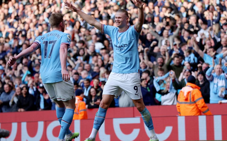  Manchester City's Erling Braut Haaland celebrates scoring their third goal - Man City survive late scare against Leicester to turn up heat on Arsenal – latest reaction - Reuters/Lee Smith