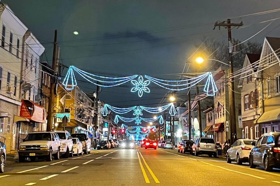 Holiday lights across Ferry Street in Newark.