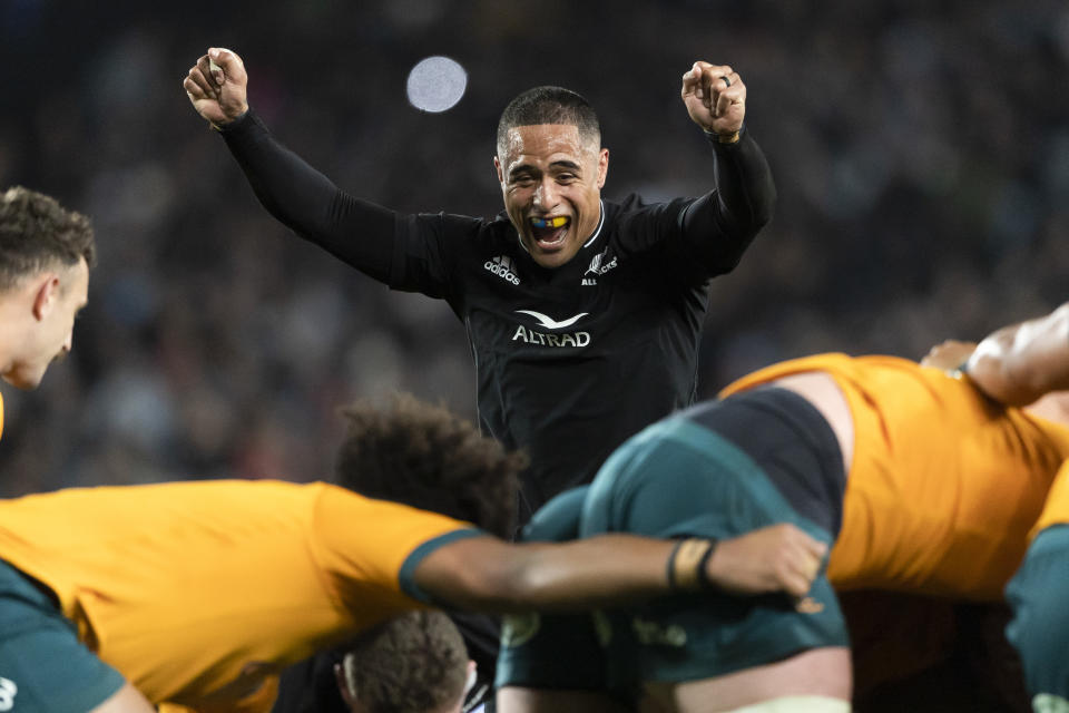 New Zealand's Aaron Smith reacts during the Bledisloe Cup rugby test match between the All Blacks and the Wallabies at Eden Park in Auckland, New Zealand, Saturday, Sept. 24, 2022. (Brett Phibbs/Photosport via AP)