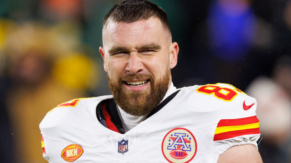 Dec 3, 2023; Green Bay, Wisconsin, USA; Kansas City Chiefs tight end Travis Kelce looks on during warmups prior to the Green Bay Packers against the Green Bay Packers at Lambeau Field.