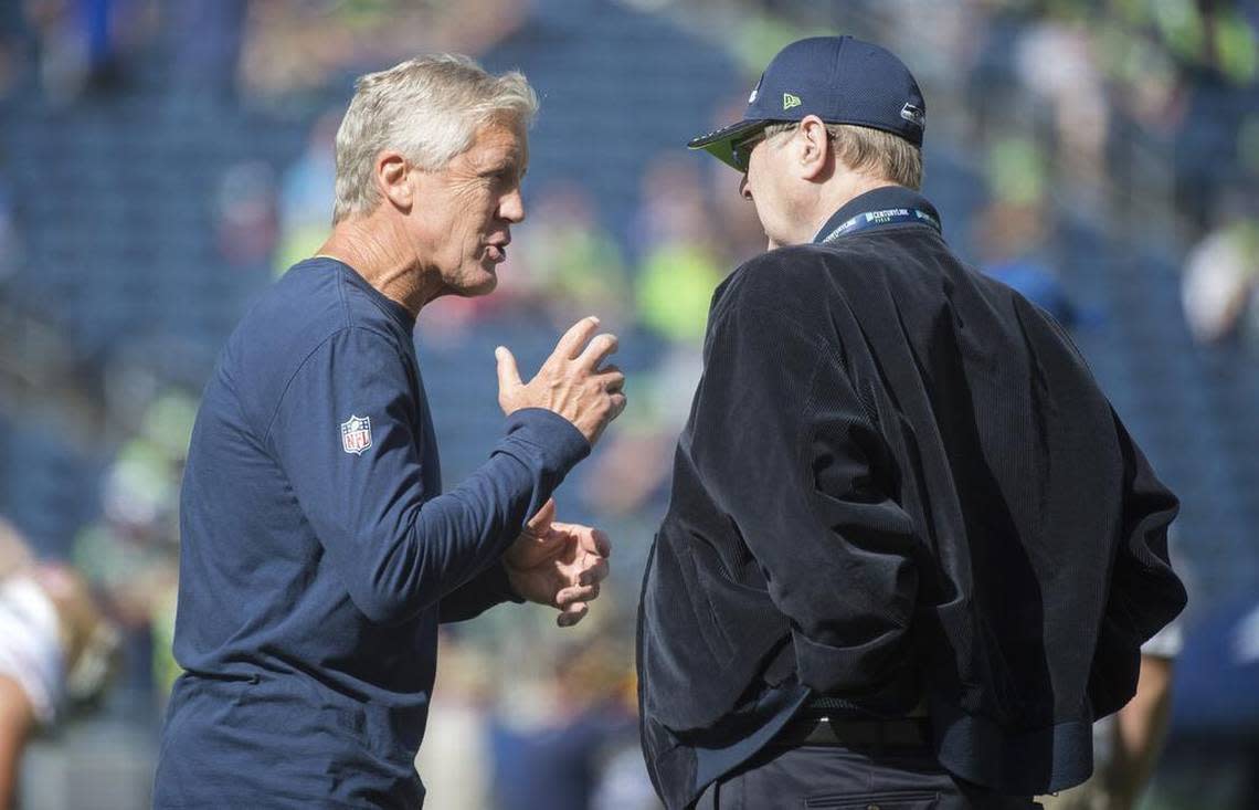 Seattle Seahawks head coach Pete Carroll (left) talks with owner Paul Allen before Sunday’s NFL football game against the San Francisco 49ers at CenturyLink Field in Seattle on Sept. 25, 2016.