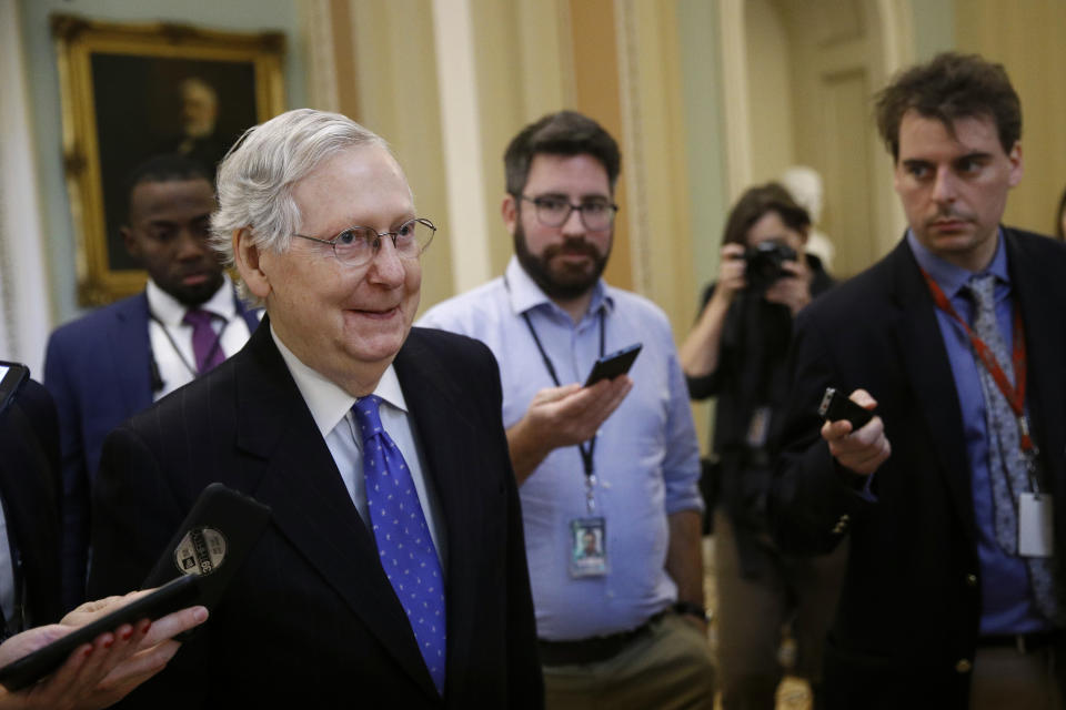Senate Majority Leader Mitch McConnell of Ky., speaks with reporters after walking off the Senate floor, Thursday, Dec. 19, 2019, on Capitol Hill in Washington. (AP Photo/Patrick Semansky)