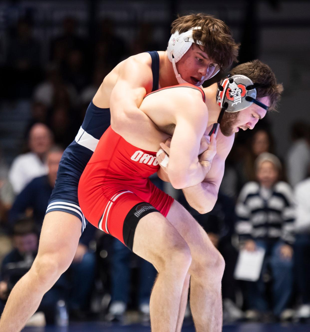 Penn State's Tyler Kasak (149 pounds) upset Ohio State's No. 7 Dylan D'Emilio on Feb. 2, 2024 at Rec Hall. Kasak is one three starting freshmen, sparking what could be the Penn State dynasty's top lineup yet.