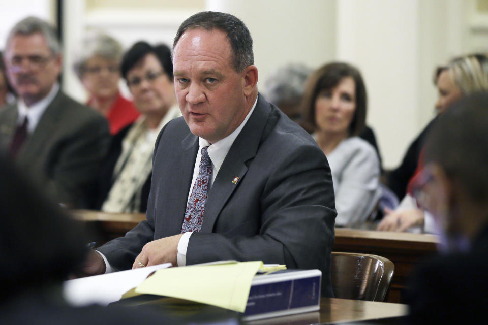 FILE - In this Feb. 10, 2015, file photo Sen. Jimmy Hickey, R-Texarkana, appears at the Arkansas state Capitol in Little Rock, Ark. Arkansas legislative leaders have introduced on Thursday, April 1, 2021, a drastically scaled-back hate crimes measure that no longer refers to race, sexual orientation or gender identity. Hickey, the new hate crimes bill's chief sponsor, said he believes it would cover crimes targeting transgender people but would also cover those targeting other groups, citing Baptist preachers as an example. (AP Photo/Danny Johnston, File)