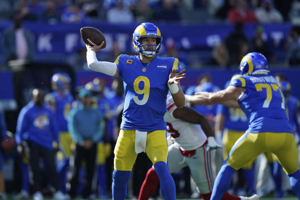 Los Angeles Rams quarterback Matthew Stafford throws during the second half of an NFL football game against the New York Giants, Sunday, Oct. 17, 2021, in East Rutherford, N.J. (AP Photo/Frank Franklin II)