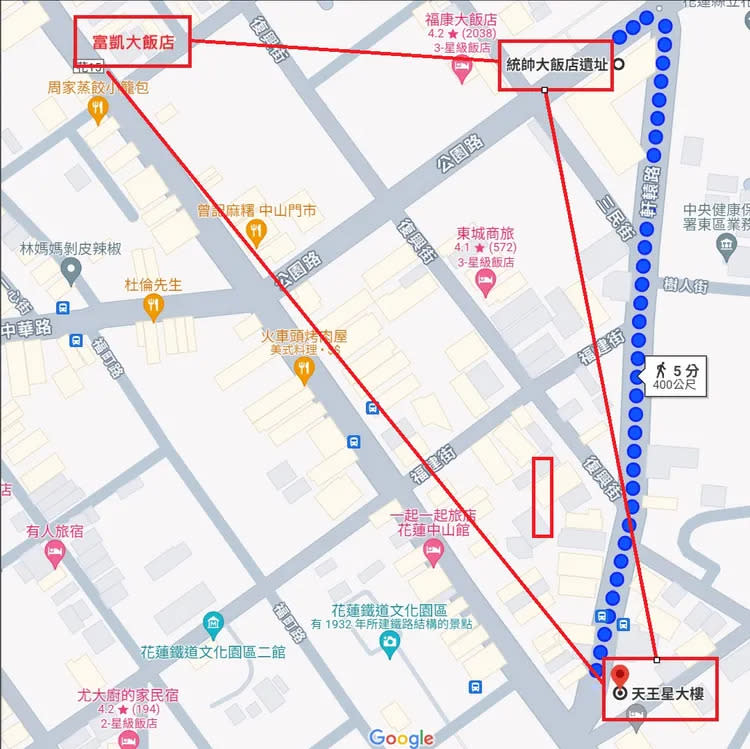 根據Google  Map地圖顯示，倒塌的天王星大樓距統帥飯店僅距離400公尺，距離富凱飯店僅450公尺，3棟倒塌的飯店恰好在地圖上呈現一大三角。翻攝自Google  Map地圖，《壹蘋新聞網》製圖