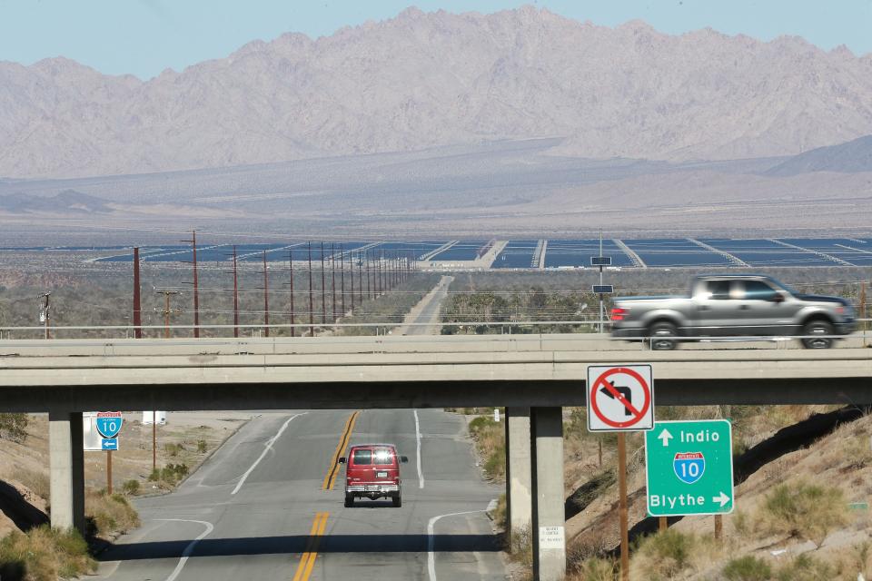 The Desert Sunlight Energy Center can be seen from several miles away at Interstate 10 in Desert Center, December 19, 2019.