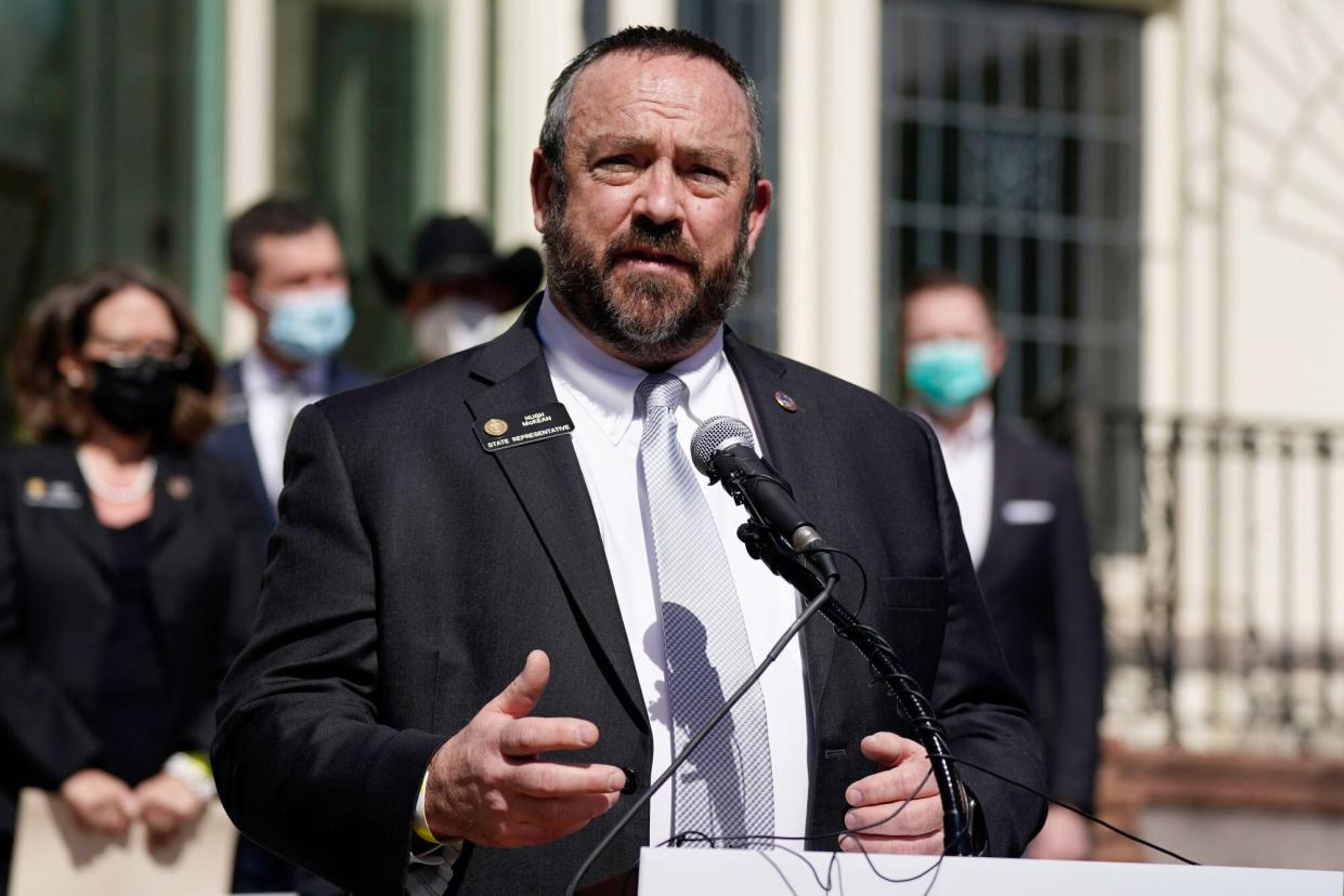 Mandatory Credit: Photo by David Zalubowski/AP/Shutterstock (11794742l) Colorado House Minority Leader Hugh McKean speaks during a news conference outside the Governor's mansion, in Denver. Leaders from both the Democratic and Republican parties outlined the plan to spend $700 million over the next 18 months on job-creating transportation programs, sustaining a multibillion dollar agriculture industry and delivering critical aid to small businesses hit hard by the effects of the coronavirus over the past year Colorado Stimulus Spending, Denver, United States - 10 Mar 2021