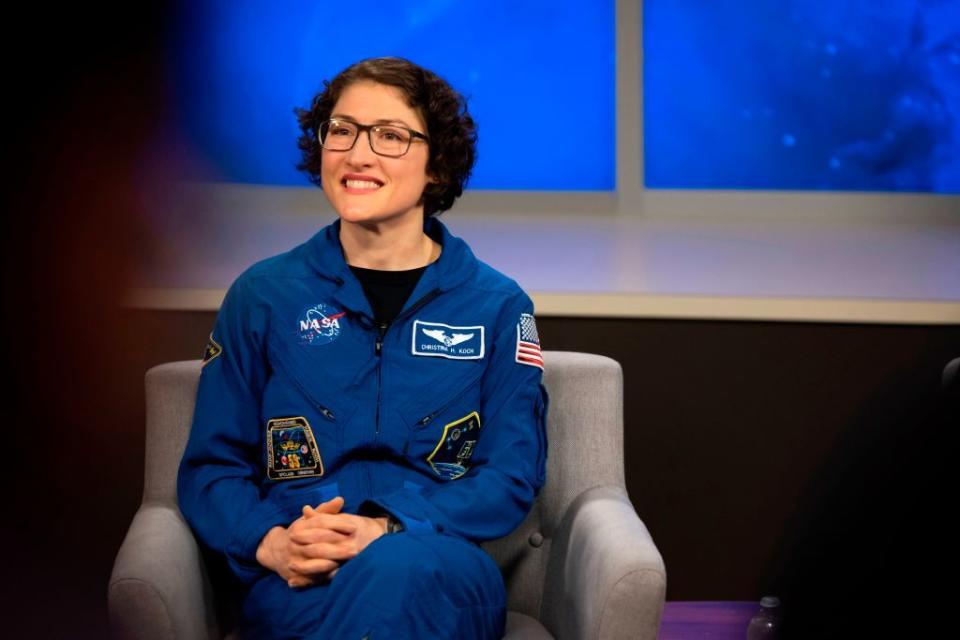 nasa astronaut christina koch answers questions during a postflight news conference at the johnson space center in houston, texas on february 12, 2020 nasas christina koch returned to earth safely on february 6, 2020, after shattering the spaceflight record for female astronauts with a stay of almost 11 months aboard the international space station photo by mark felix afp photo by mark felixafp afp via getty images