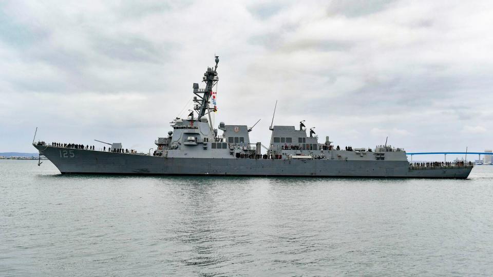 The Arleigh Burke-class destroyer Jack H. Lucas arrives pierside at Naval Base San Diego in California on Oct. 25, 2023. (MC2 Mikal Chapman/U.S. Navy)