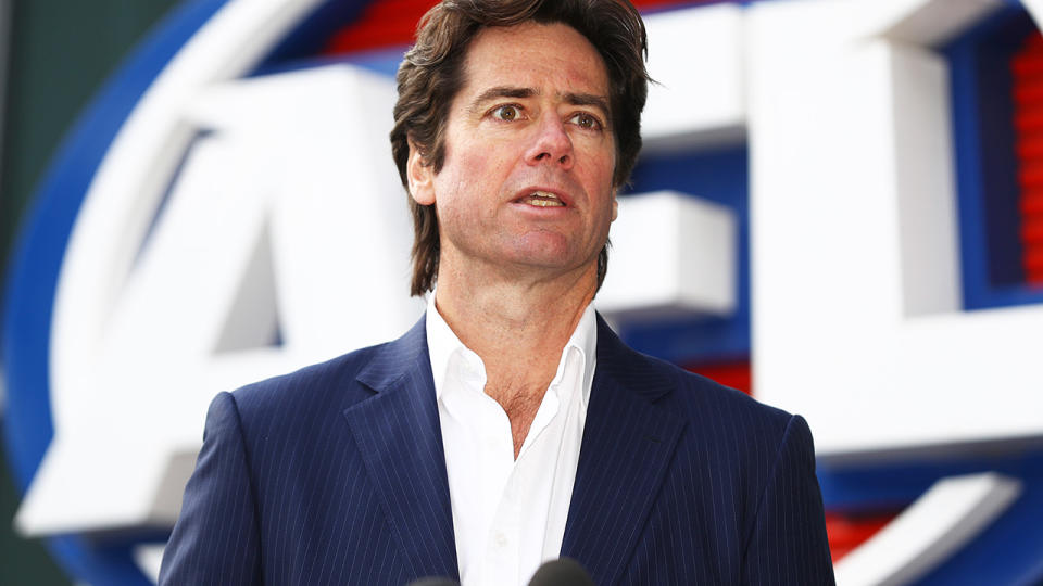 AFL CEO Gillon McLachlan is pictured speaking to the media.