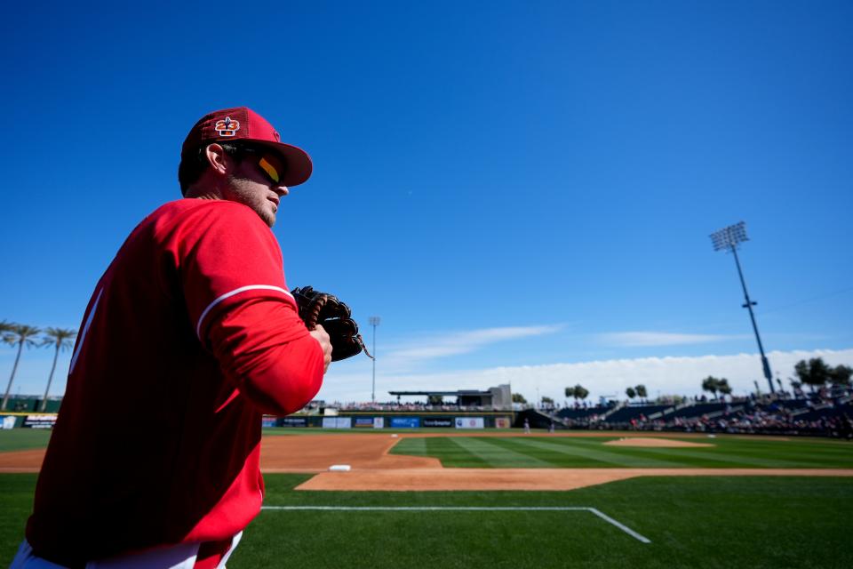 Cincinnati Reds right fielder Wil Myers waits to take the field at Goodyear Ballpark. The big free agent addition has had an impressive spring.