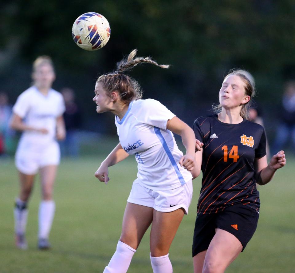 Alliance's Avery Horning (left), going for a header in a game against Marlington last season, scored two goals and added an assist in Wednesday's 8-0 win over Youngstown Ursuline.