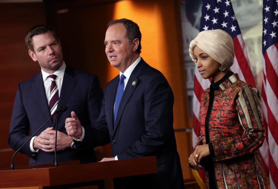 Rep. Adam Schiff (D-CA) (C), joined by Rep. Eric Swalwell (D-CA) and Rep. Ilhan Omar (D-MN), speaks at a press conference on committee assignments for the 118th U.S. Congress, at the U.S. Capitol Building on January 25, 2023 in Washington, DC. House Speaker Kevin McCarthy (R-CA) recently rejected the reappointments of Rep. Adam Schiff (D-CA) and Rep. Eric Swalwell (D-CA) to the House Intelligence Committee and has threatened to stop Rep. Ilhan Omar (D-MN) from serving on the House Foreign Affairs Committee. (Photo by Kevin Dietsch/Getty Images) (Getty Images)