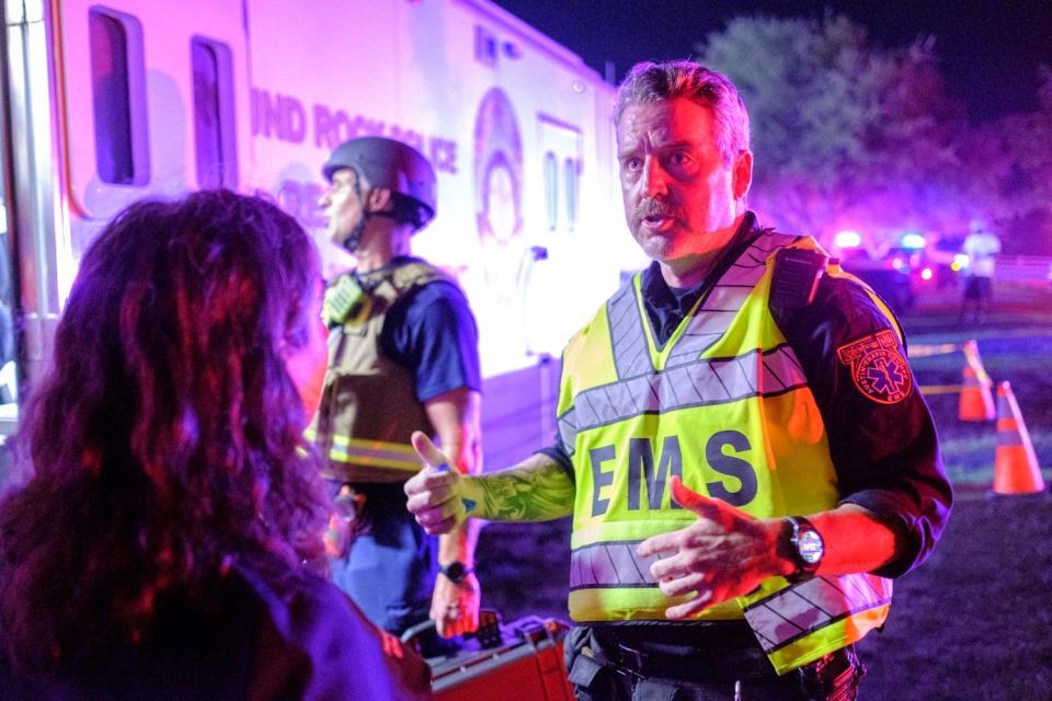 Captain Matt Clark and Chief Deputy Medical Director Dr. Heidi Abraham of Austin County EMS discuss next steps in the aftermath of a shooting at Old Settlers Park in Round Rock late on Saturday night and into early Sunday June 16, 2024.