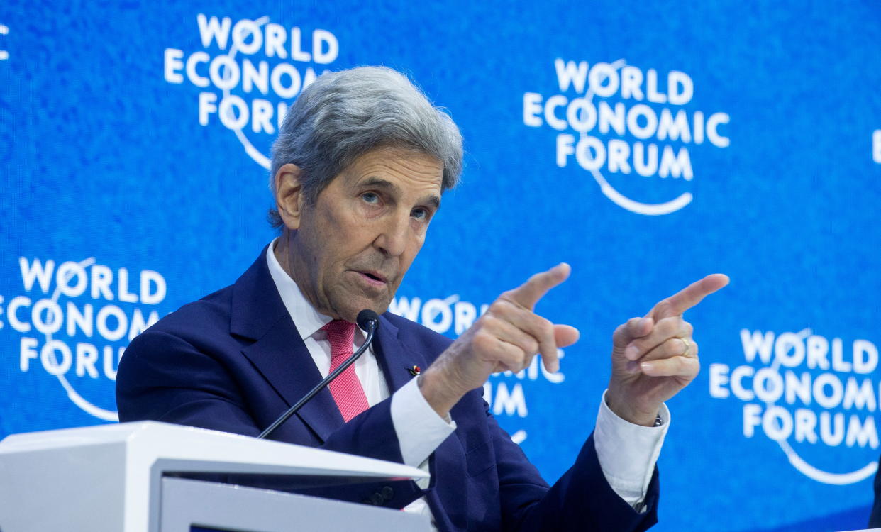 U.S. climate envoy John Kerry gestures as he takes part a panel discussion at the World Economic Forum 2022 (WEF) in the Alpine resort of Davos, Switzerland May 24, 2022.  REUTERS/Arnd Wiegmann