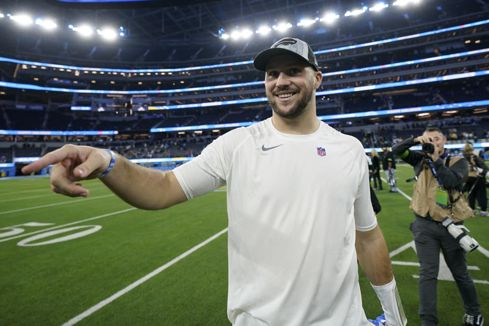 Buffalo Bills quarterback Josh Allen walks off the field after a win over the Los Angeles Chargers in an NFL football game Saturday, Dec. 23, 2023, in Inglewood, Calif. (AP Photo/Ryan Sun)