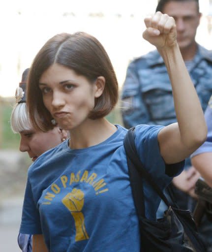 Russian punk singer Nadezhda Tolokonnikova gestures before a court hearing in Moscow. Tolokonnikova -- the lead singer of the Russian punk band Pussy Riot -- has compared the group's trial to Stalin-era repressio in a dramatic final statement before the verdict is delivered later this month